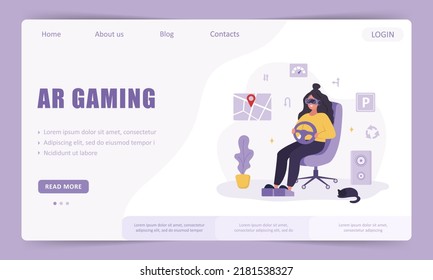 AR gaming landing page template. Woman in VR glasses learning to drive car in metaverse. Racing video game simulator. Modern technology entertainment. Vector illustration in flat cartoon style.