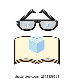 AR glasses with a 3D cube emerging from a book. Represents the integration of digital elements with physical objects. Relevant to augmented reality, virtual reality, and mixed reality technologies.