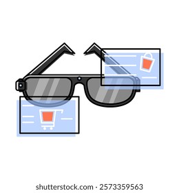  AR glasses with shopping interface. Transparent lenses display shopping cart icons and product images. Enhances shopping with real time info and visuals. Seamless blend of physical and digital worlds