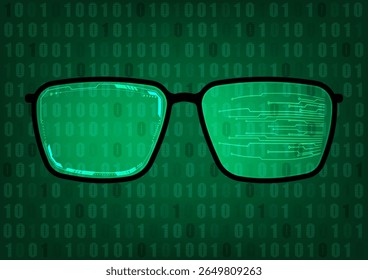 AR glasses with tech frame and circuit in front of binary digital code.