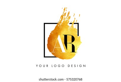 AR Gold Letter Brush Logo. Golden Painted Watercolor Background with Square Frame Vector Illustration.