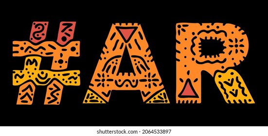 AR Hashtag. Multicolored bright isolate curves doodle letters. Hashtag #AR is abbreviation for the US American Arkansas for social network, web resources, mobile apps.