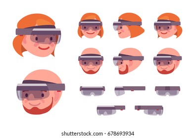 AR headset glasses device. Virtual reality smart glasses, sound, camera for interactive computer gaming. Vector flat style cartoon illustration, isolated, white background