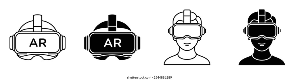 AR headset icon collection in black and white filled and solid vector style.