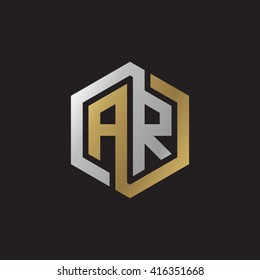 AR initial letters loop linked hexagon elegant logo golden silver black background
