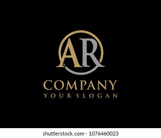 AR initial letters looping linked circle elegant logo golden silver black background