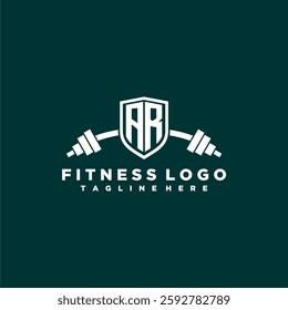 AR initial monogram for fitnes or gym logo with creative shield and barbell design