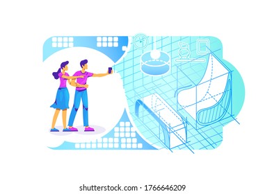AR interior projection 2D vector web banner, poster. People with smartphone flat characters on cartoon background. Simulator for entertainment. Room visual in augmented reality colorful scene