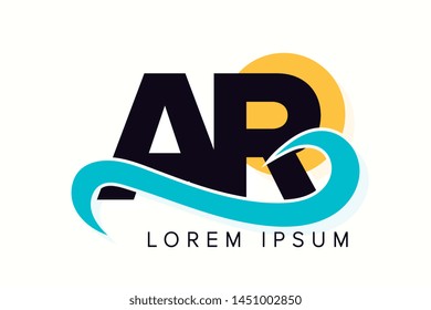 AR letter logo with ocean waves and sunset. Beach concept design