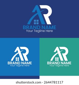 AR letter logo for real estate.R letter logo with house icon.CQ real estate logo.FCH letter logo for property branding.