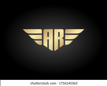 AR Letter Logo Shield with wings vector gold color on black background