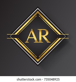AR Letter logo in a square shape gold and silver colored geometric ornaments. Vector design template elements for your business or company identity.