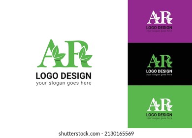 AR letters eco logo with leaf. Vector typeface for nature posters, eco friendly emblem, vegan identity, herbal and botanical cards etc. Ecology AR letters logo with green leaf.