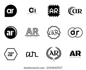 AR logo company template. Letter a and r logotype. Set different classic serif lettering and modern bold text with design elements. Initial font typography. Collection trendy business identity.