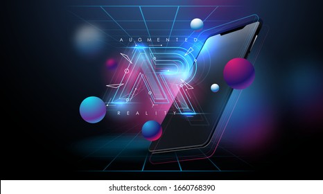 AR logo layout with modern smartphone. Modern template for web and print. Augmented reality concept.Modern template for web and print. Augmented reality concept.