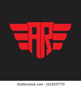 AR Logo monogram with emblem and wings element design template on red colors