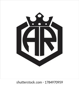 AR Logo monogram rounded by hexagon shape with crown design template on white background