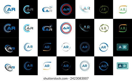 Diseño de conjunto de logotipos clásicos y minimalistas para AR. Estilo plano y sencillo de AR con el logotipo de la letra de variación en color blanco y negro en un tablero.
