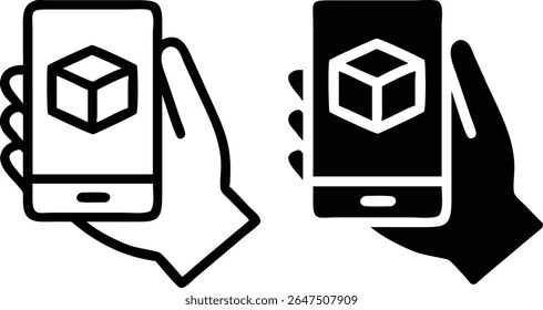 AR Mobile App Icon Set – Black and White Augmented Reality Hand Phone Symbol Vector Illustration