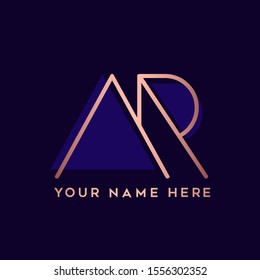 AR monogram logo.Golden typographic icon with letter a and letter r overlapped.Lettering symbol.Alphabet initials isolated on dark background.