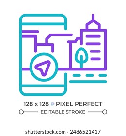Icono de línea de dos colores de navegación AR. Mapa interactivo. Solución de búsqueda de caminos. Tecnología envolvente. Símbolo de contorno bicolor de App de smartphone. Pictograma lineal de duotono. Ilustración aislada Trazo editable