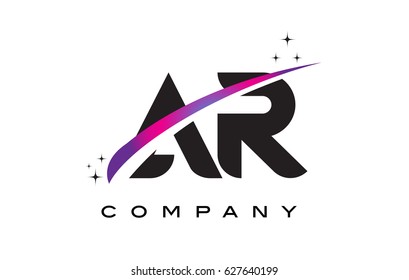 AR A R Black Letter Logo Design with Purple Magenta Swoosh and Stars.