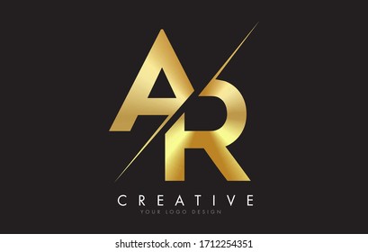AR A R Golden Letter Logo Design with a Creative Cut. Creative logo design with Black Background.