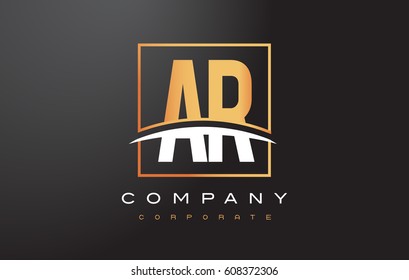 AR A R Golden Letter Logo Design with Swoosh and Rectangle Square Box Vector Design.