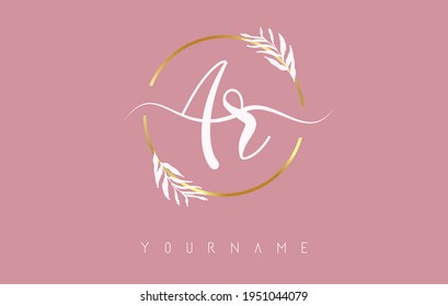 AR a r Letters logo design with golden circle and white leaves on branches around. . Vector Illustration with A and R letters for personal branding, business, eco friendly or natural products. 