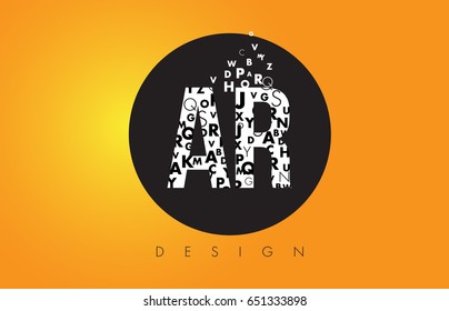 AR A R Logo Design Made of Small Letters with Black Circle and Yellow Background.
