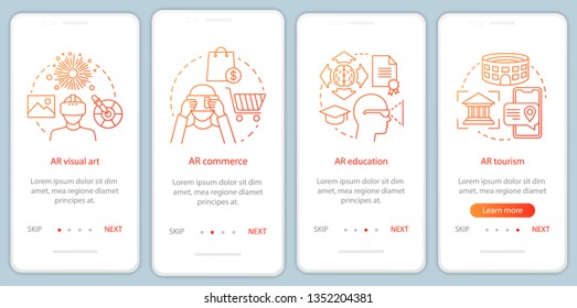 AR technology onboarding mobile app page screen with concepts. Augmented reality commerce, visual art, education, tourism walkthrough steps graphic instructions. UX, UI, GUI vector template with icons