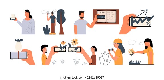 Ar technology. People use augmented reality online using their phone. Concept set. Vector illustration in flat style