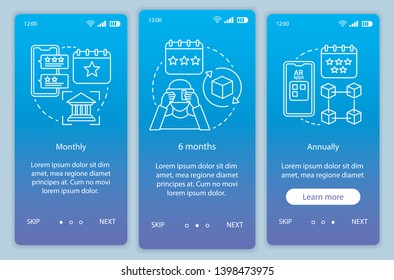 AR tool subscription onboarding mobile app page screen vector template. Walkthrough website steps with linear illustrations. Monthly or annually tariffs. UX, UI, GUI smartphone interface concept