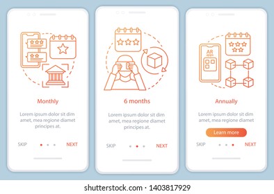 AR tool subscription onboarding mobile app page screen with linear concepts. 6 months tariff. Three walkthrough steps graphic instructions. UX, UI, GUI vector template with illustrations