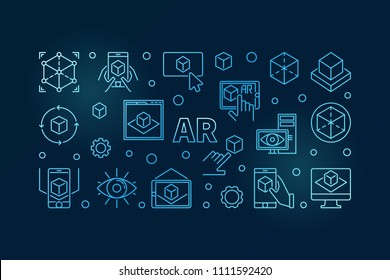 AR vector blue horizontal illustration or banner made with augmented reality outline concept icons on dark background