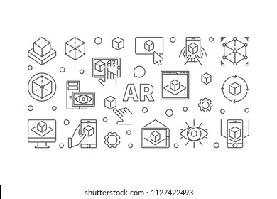 AR vector horizontal illustration or banner made with augmented reality linear concept icons