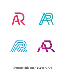 AR vector letter logo template set. Augmented reality logotype illustration collection. Technology company label sign isolated on background. Creative modern typography monogram icon