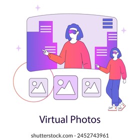 AR and VR concept. A pair explores a virtual interface, selecting photos in a digital gallery. Immersive technology experience. Vector illustration.