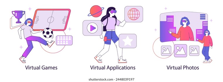 AR and VR Concept set. Exploring virtual worlds with immersive technologies. Soccer play, multimedia, and photo browsing. Vector illustration.