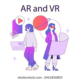 AR and VR concept. Two figures engage with augmented and virtual reality technology elements. Interaction with futuristic digital interfaces. Vector illustration.