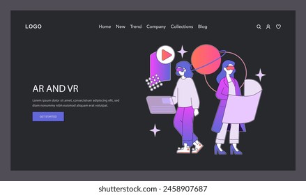 AR and VR concept website header with two characters immersed in virtual experiences using gadgets, set against a dark background. Vector illustration.