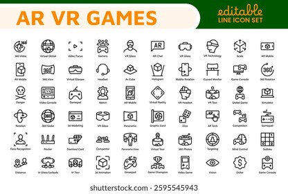 AR VR Games Icons Collection. Vector-Based Icons for Virtual Reality, Augmented Reality, Gaming, and Immersive Tech