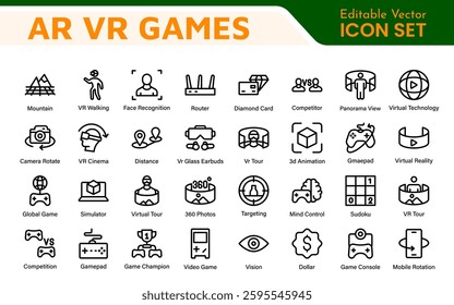 AR VR Games Icons Collection. Vector-Based Icons for Virtual Reality, Augmented Reality, Gaming, and Immersive Tech