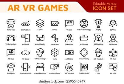 AR VR Games Icons Collection. Vector-Based Icons for Virtual Reality, Augmented Reality, Gaming, and Immersive Tech