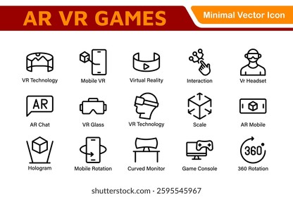 AR VR Games Icons Collection. Vector-Based Icons for Virtual Reality, Augmented Reality, Gaming, and Immersive Tech
