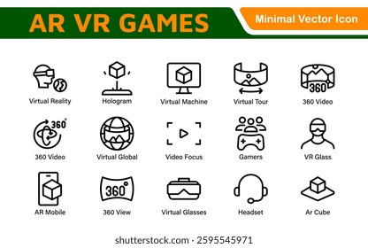 AR VR Games Icons Collection. Vector-Based Icons for Virtual Reality, Augmented Reality, Gaming, and Immersive Tech