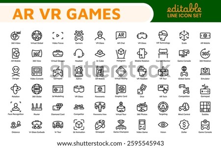 AR VR Games Icons Collection. Vector-Based Icons for Virtual Reality, Augmented Reality, Gaming, and Immersive Tech