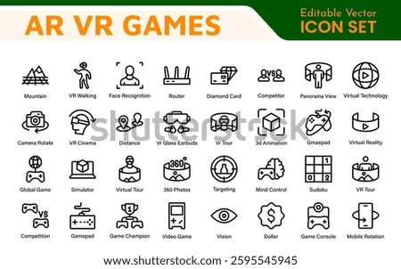 AR VR Games Icons Collection. Vector-Based Icons for Virtual Reality, Augmented Reality, Gaming, and Immersive Tech