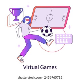 AR y VR Gaming concepto. Un jugador se involucra con el fútbol de realidad virtual, interactuando con la tecnología de inmersión y luchando por la victoria. Ilustración vectorial.
