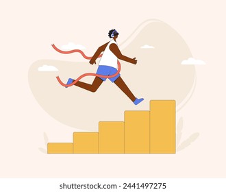 AR and VR glass people adventure. Virtual reality simulation game. Business career ladder. Young man climbing up stairs to reach goal. Vector line art flat illustration